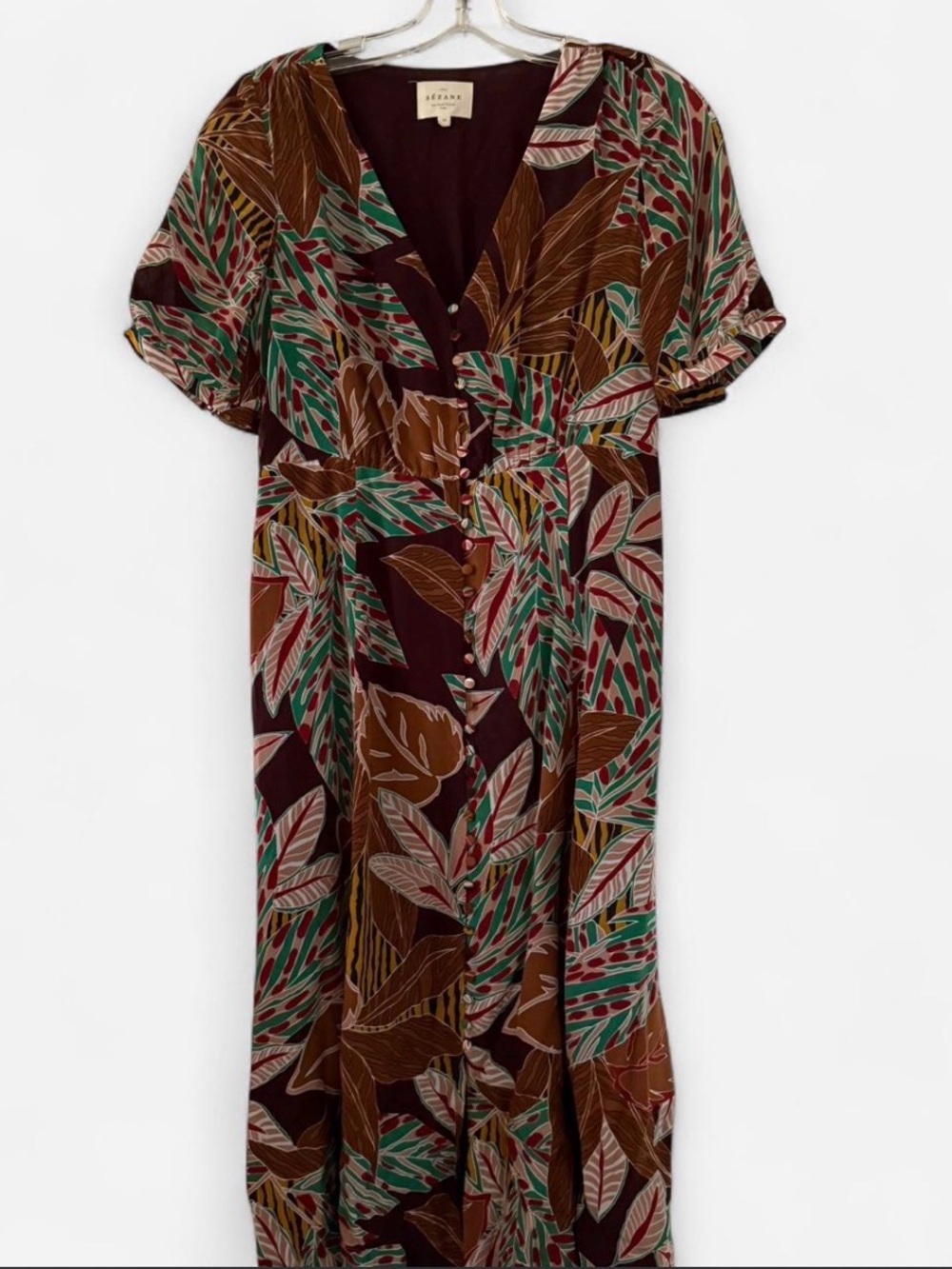 Sezane Brown Tropical Print Maxi Dress with Green Accents